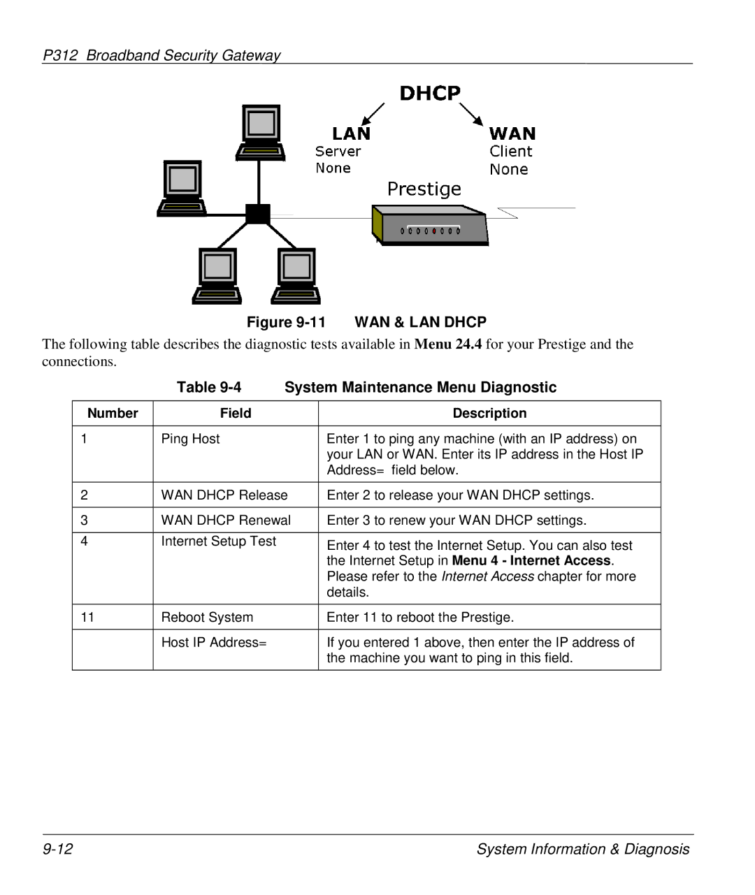 ZyXEL Communications P-312 manual System Maintenance Menu Diagnostic, Number Field Description 