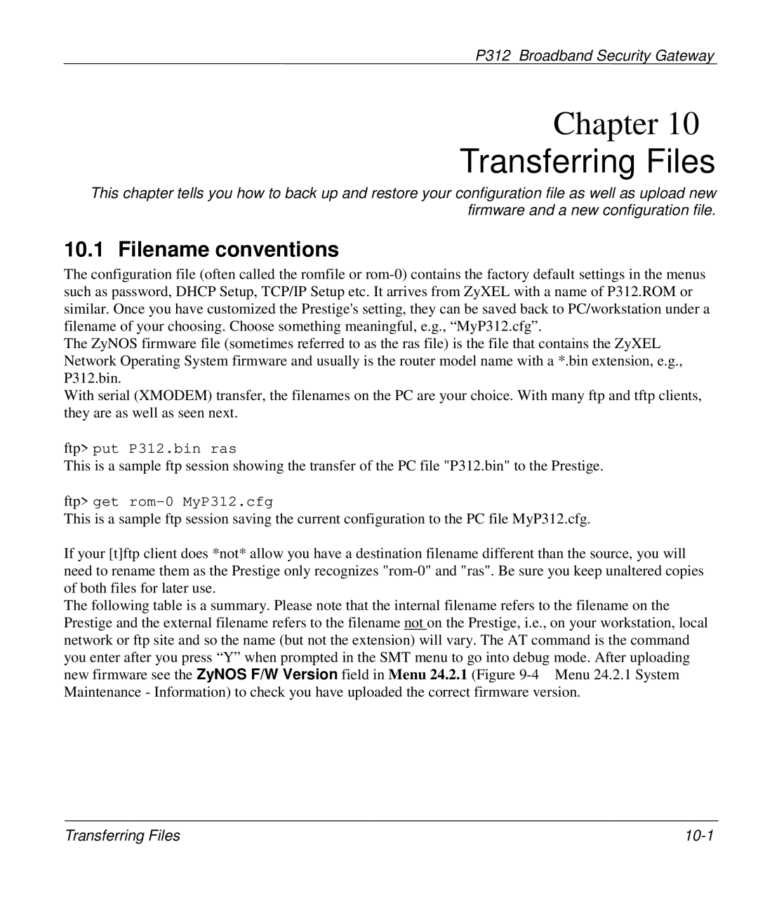 ZyXEL Communications P-312 manual Transferring Files, Filename conventions 