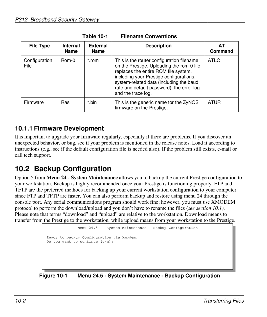 ZyXEL Communications P-312 manual Backup Configuration, Firmware Development, Filename Conventions, Command 