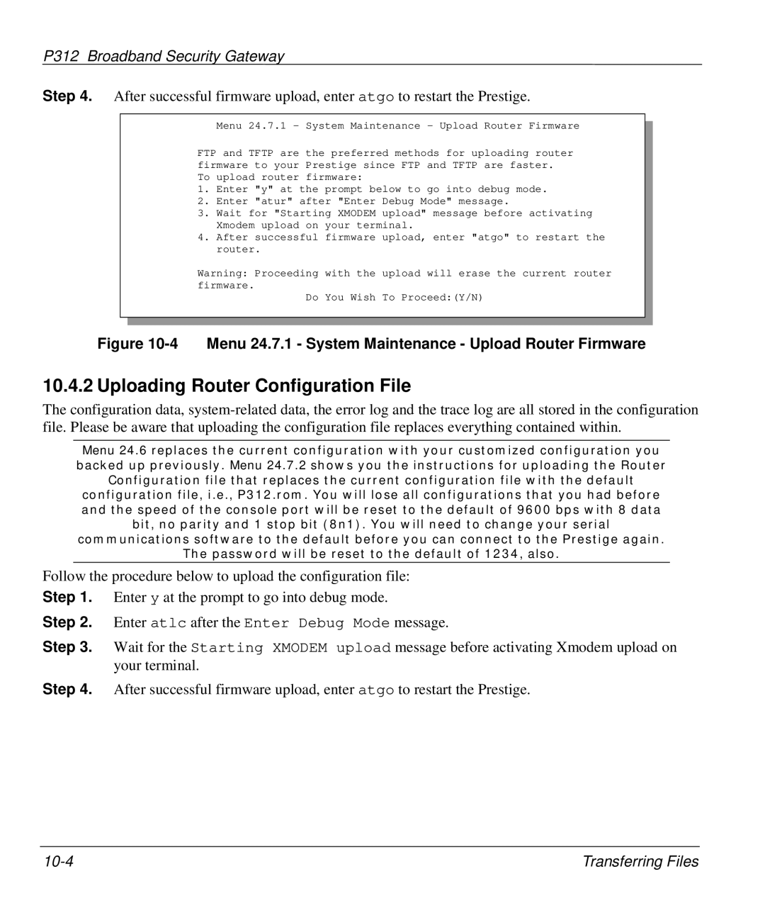 ZyXEL Communications P-312 Uploading Router Configuration File, Menu 24.7.1 System Maintenance Upload Router Firmware 