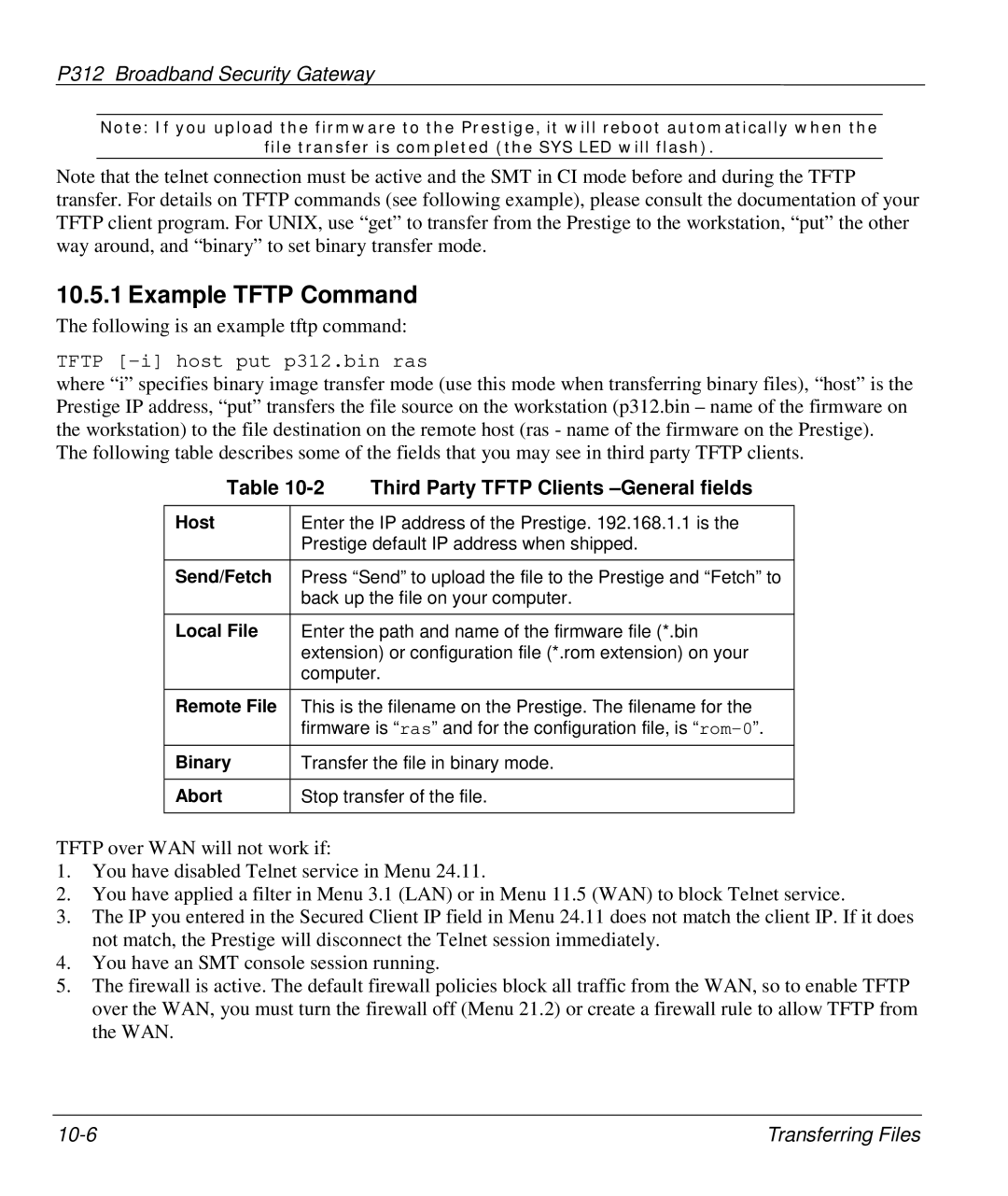 ZyXEL Communications P-312 manual Example Tftp Command, Third Party Tftp Clients -General fields 