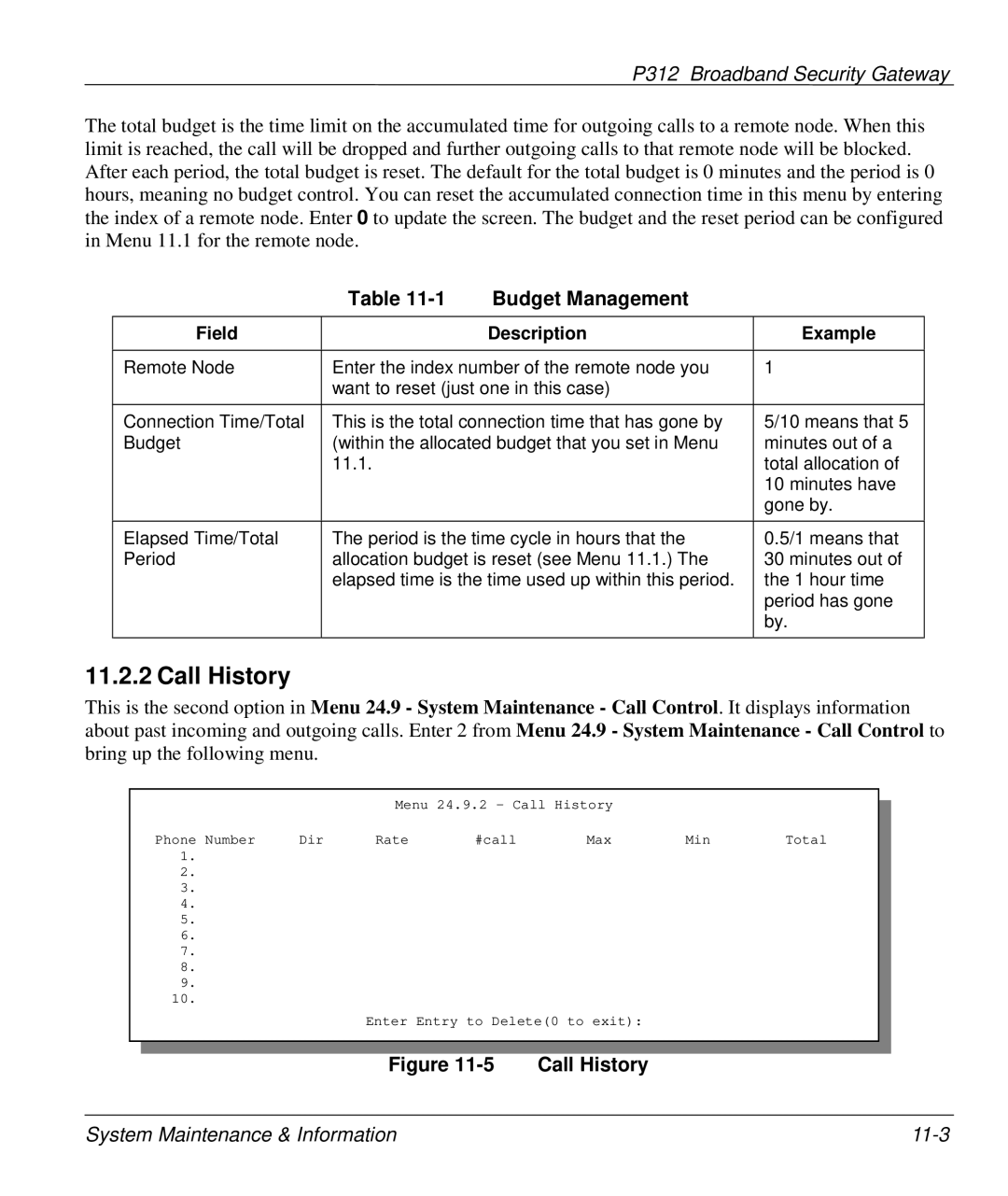 ZyXEL Communications P-312 manual Call History 