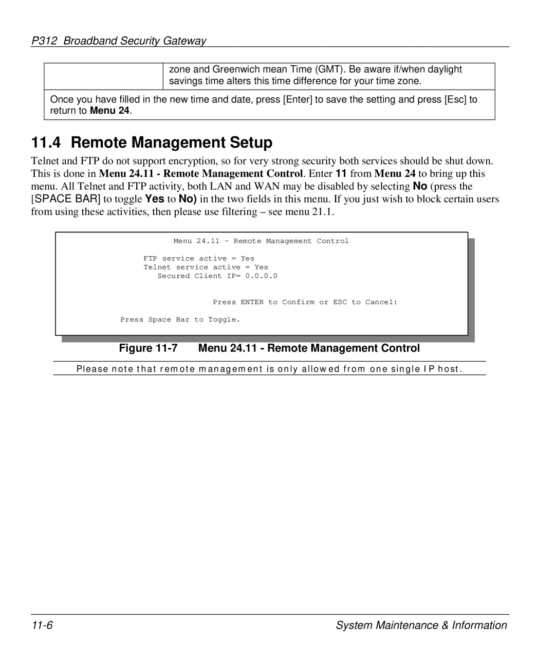 ZyXEL Communications P-312 manual Remote Management Setup, Menu 24.11 Remote Management Control 