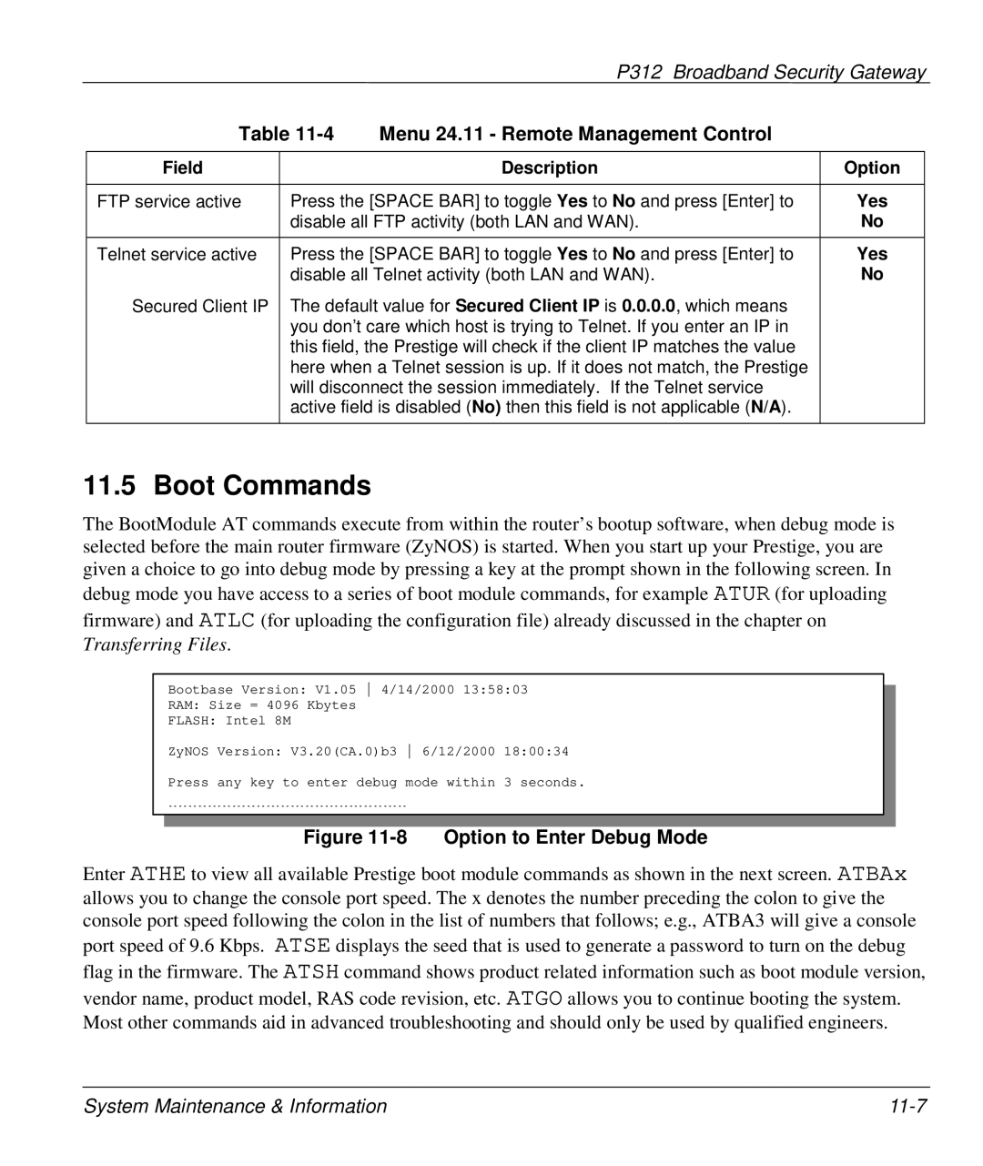 ZyXEL Communications P-312 manual Boot Commands, Option to Enter Debug Mode 