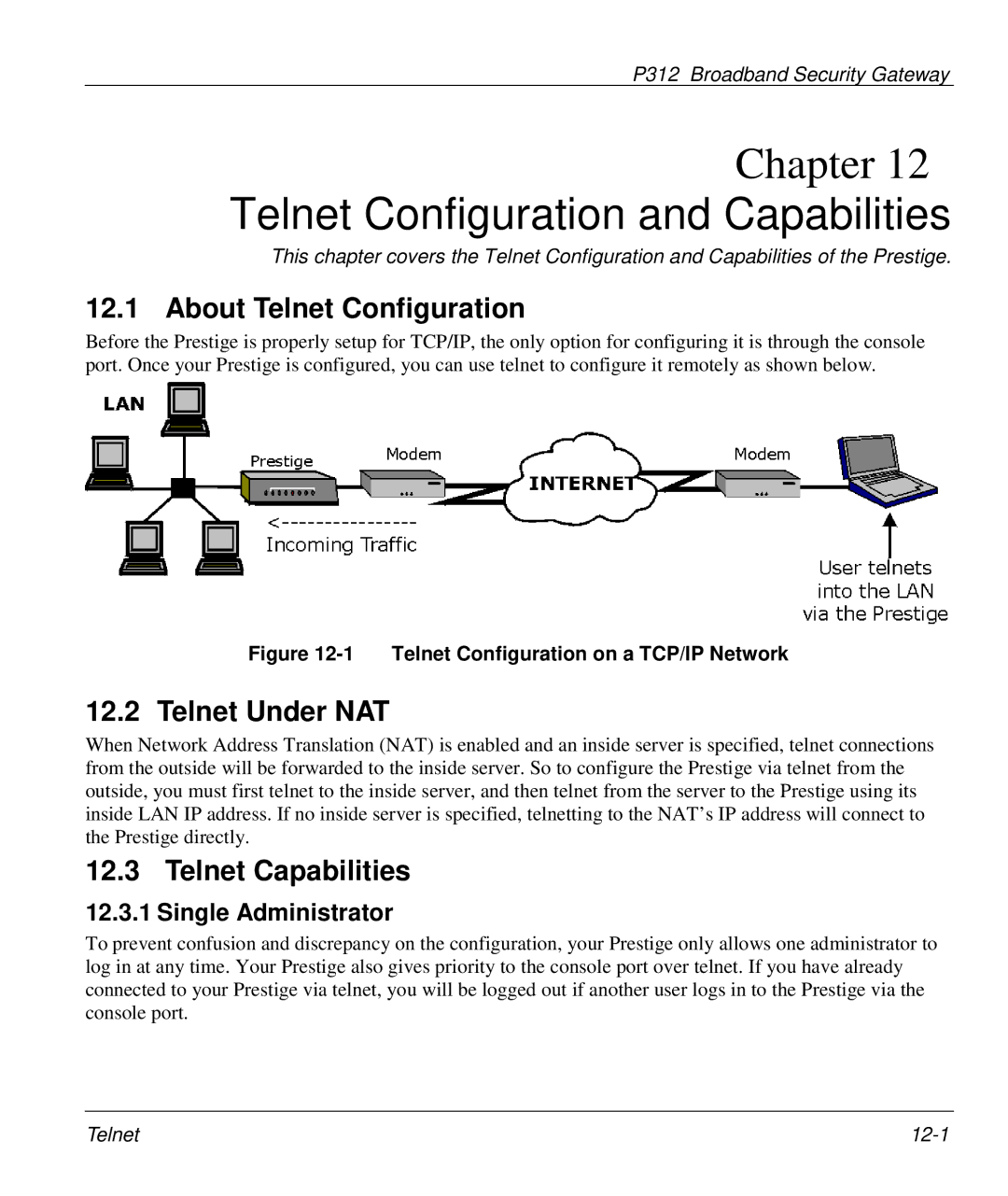 ZyXEL Communications P-312 manual Telnet Configuration and Capabilities, About Telnet Configuration, Telnet Under NAT 