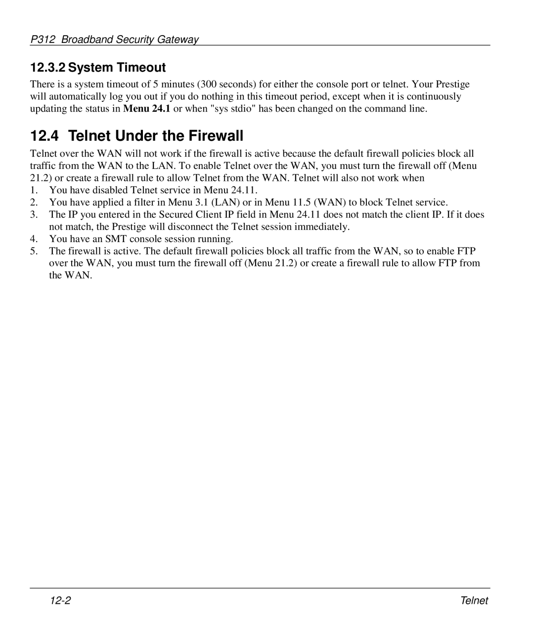 ZyXEL Communications P-312 manual Telnet Under the Firewall, System Timeout 