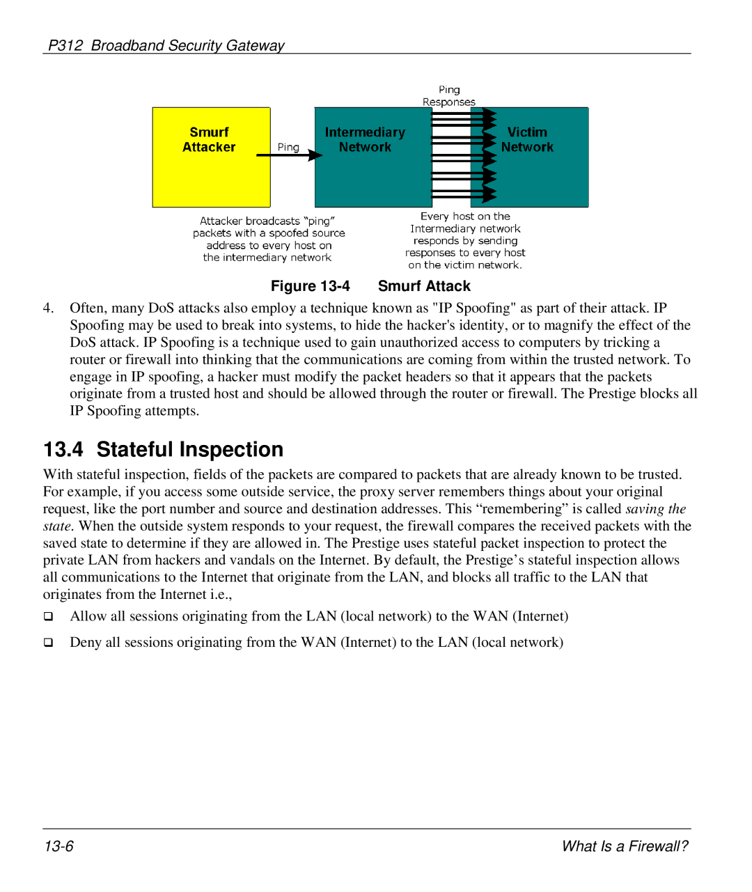 ZyXEL Communications P-312 manual Stateful Inspection, Smurf Attack 