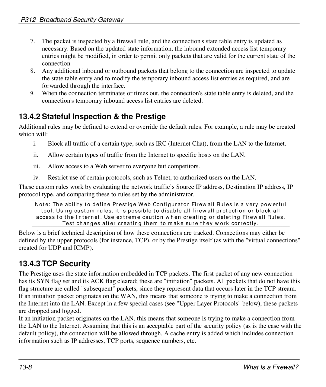 ZyXEL Communications P-312 manual Stateful Inspection & the Prestige, TCP Security 