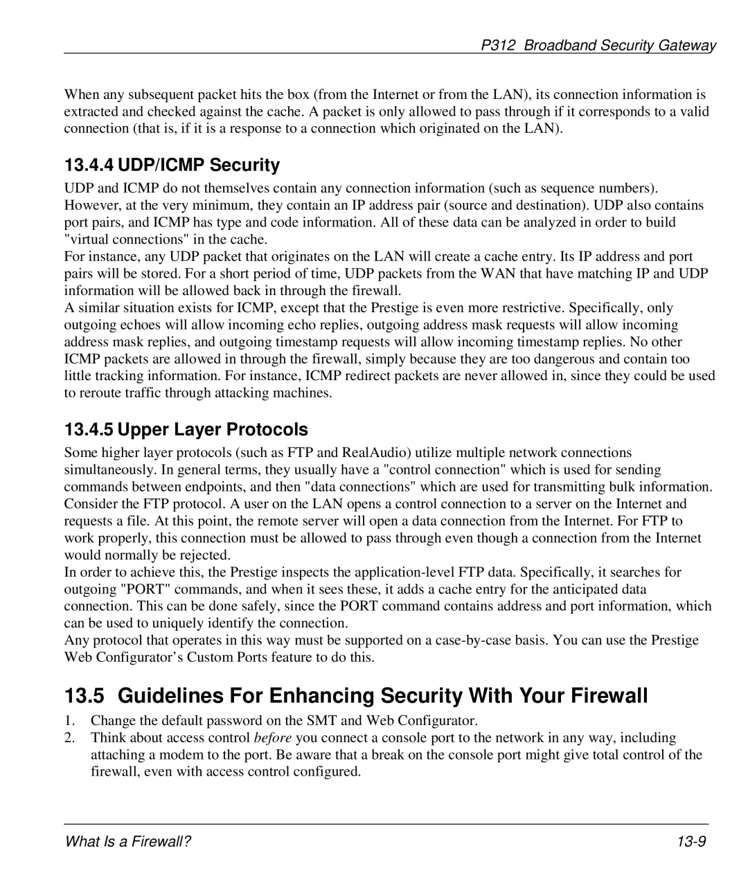 ZyXEL Communications P-312 manual Guidelines For Enhancing Security With Your Firewall, 13.4.4 UDP/ICMP Security 