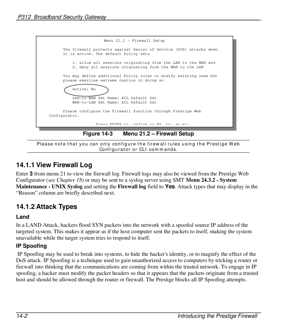 ZyXEL Communications P-312 manual View Firewall Log, Attack Types, Land, IP Spoofing 