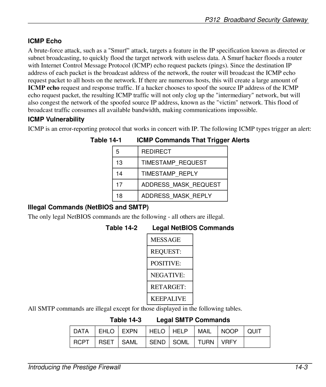 ZyXEL Communications P-312 manual Icmp Echo, Icmp Vulnerability, Icmp Commands That Trigger Alerts, Legal NetBIOS Commands 