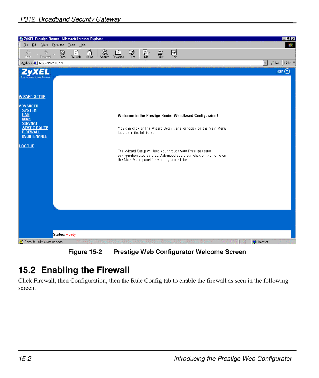 ZyXEL Communications P-312 manual Enabling the Firewall, Prestige Web Configurator Welcome Screen 