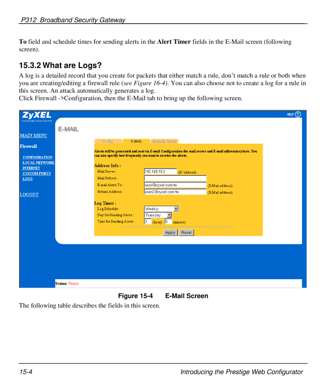 ZyXEL Communications P-312 manual What are Logs?, Mail Screen 