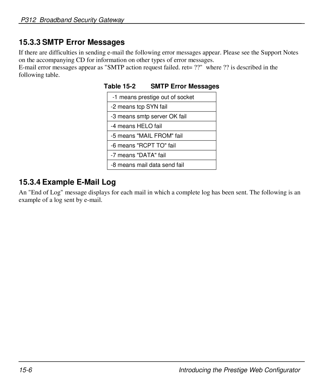 ZyXEL Communications P-312 manual Smtp Error Messages, Example E-Mail Log 