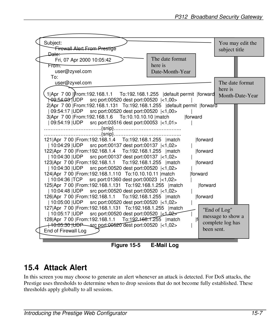 ZyXEL Communications P-312 manual Attack Alert, Mail Log 