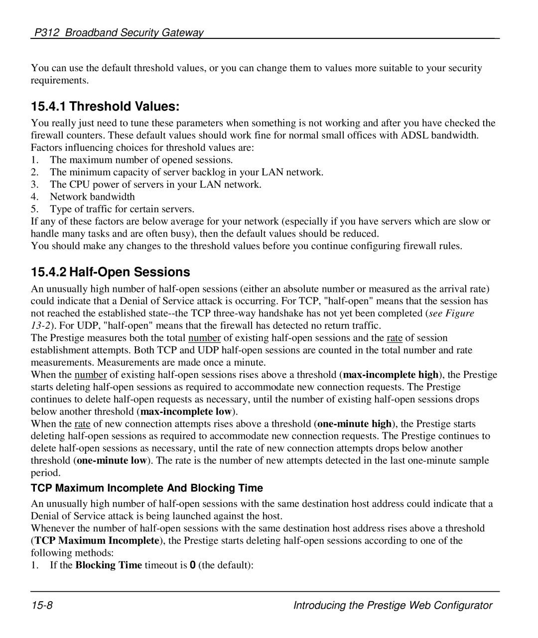 ZyXEL Communications P-312 manual Threshold Values, Half-Open Sessions, TCP Maximum Incomplete And Blocking Time 