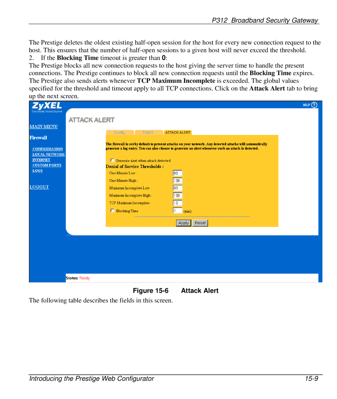 ZyXEL Communications P-312 manual Attack Alert 