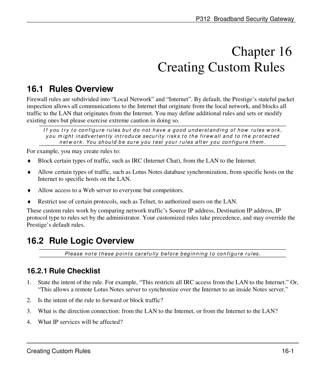 ZyXEL Communications P-312 manual Creating Custom Rules, Rules Overview, Rule Logic Overview, Rule Checklist 