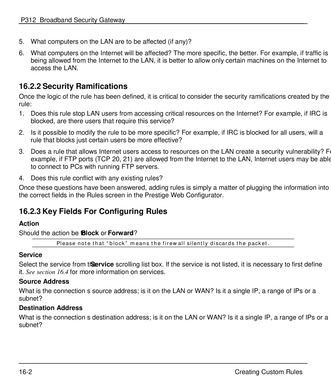 ZyXEL Communications P-312 manual Security Ramifications, Key Fields For Configuring Rules 