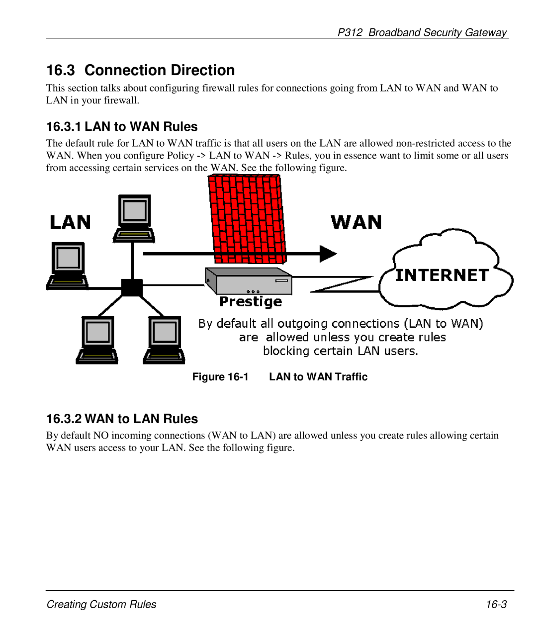 ZyXEL Communications P-312 manual Connection Direction, LAN to WAN Rules, WAN to LAN Rules 