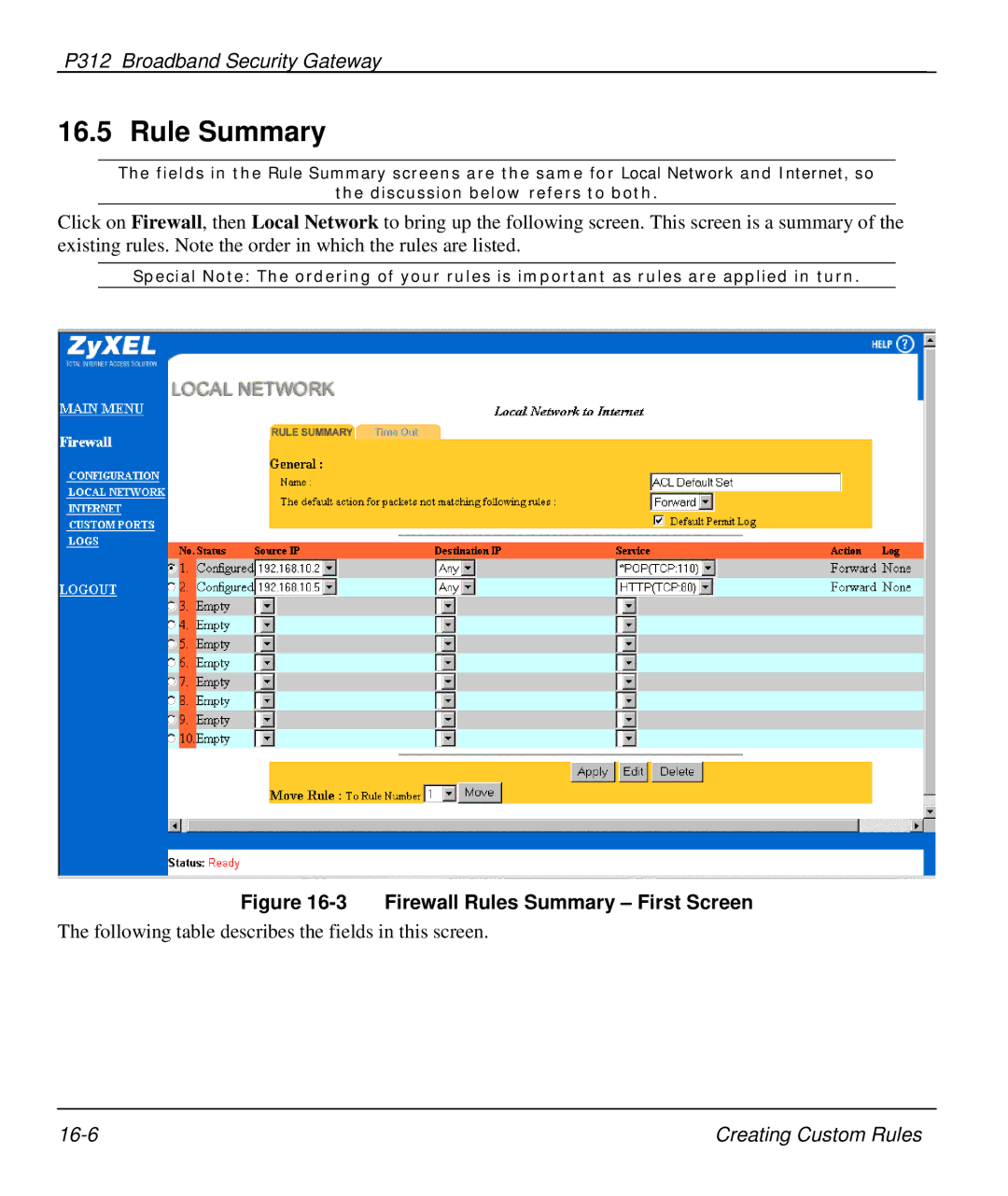 ZyXEL Communications P-312 manual Rule Summary, Firewall Rules Summary First Screen 