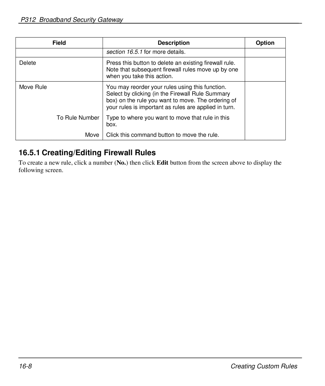 ZyXEL Communications P-312 manual Creating/Editing Firewall Rules, Field Description Option 