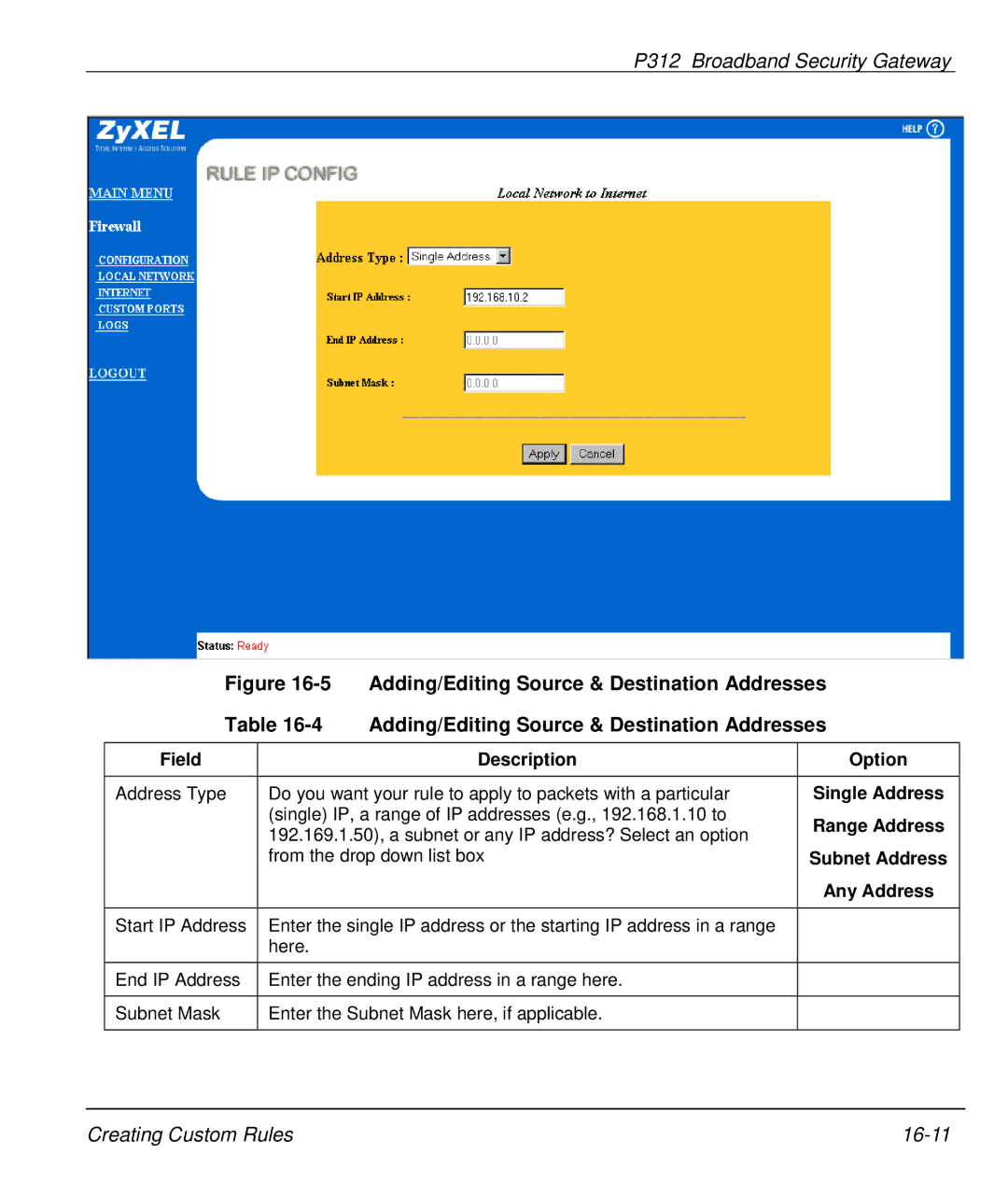 ZyXEL Communications P-312 Adding/Editing Source & Destination Addresses, Single Address, Range Address, Subnet Address 