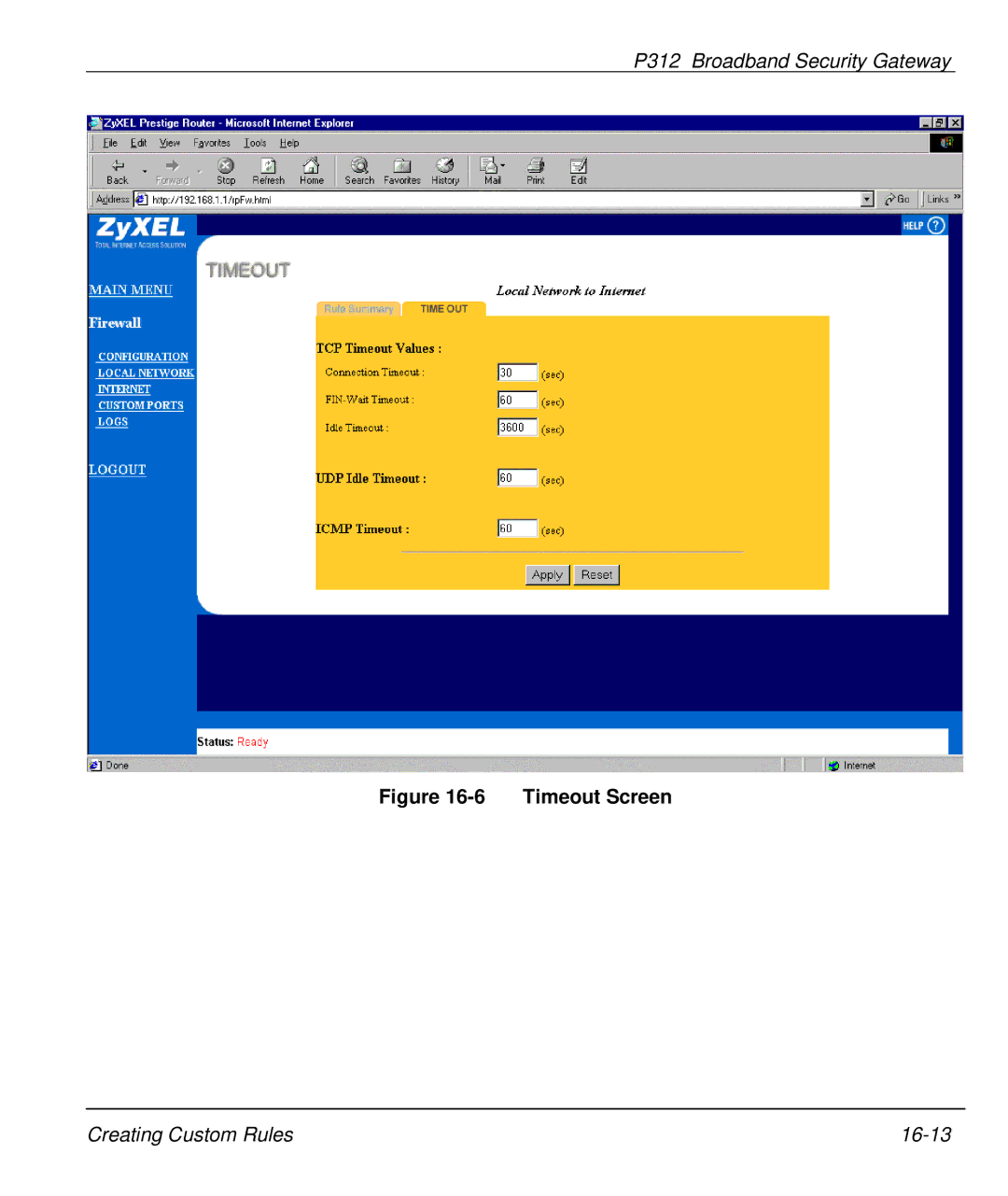 ZyXEL Communications P-312 manual Timeout Screen 