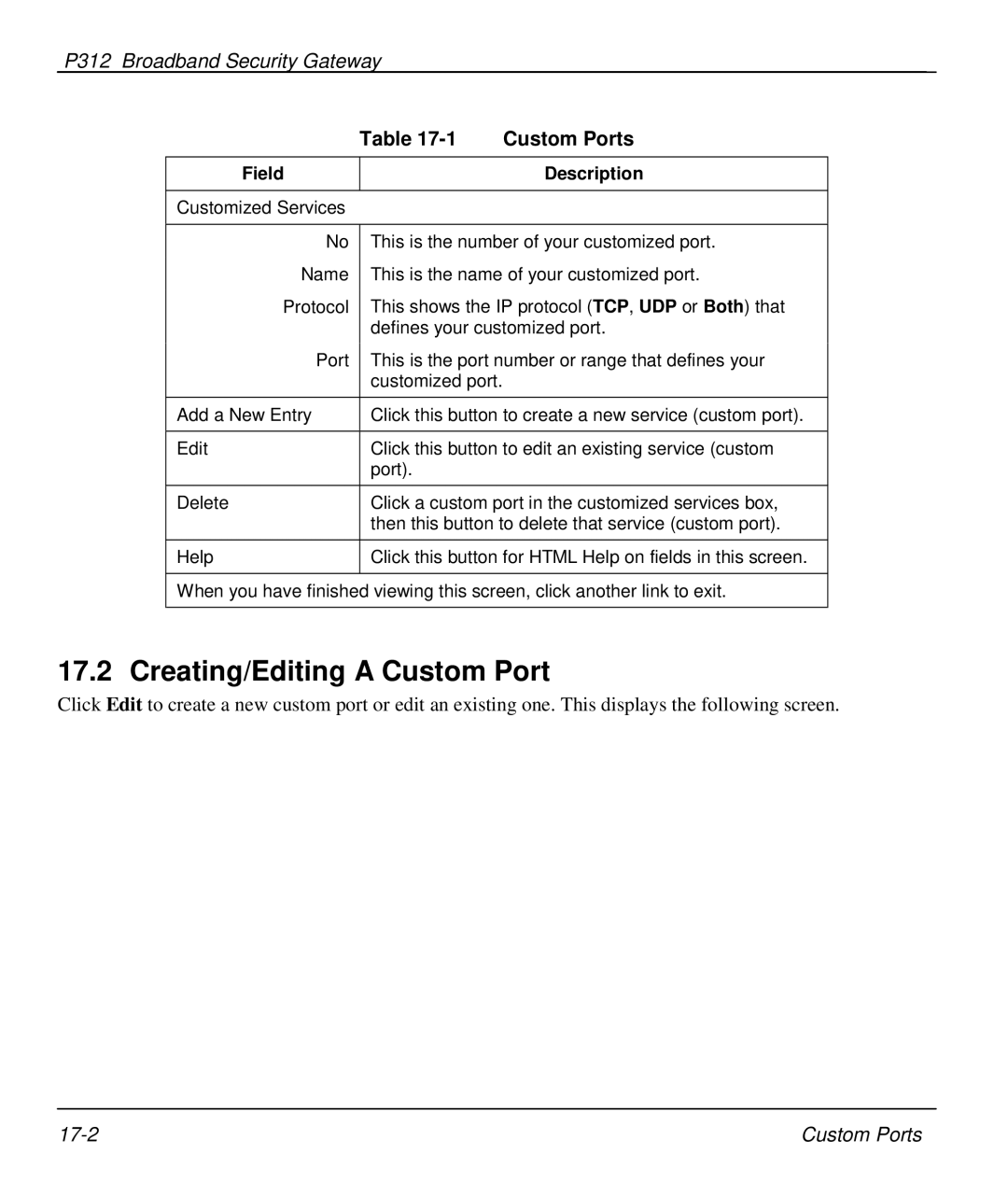 ZyXEL Communications P-312 manual Creating/Editing a Custom Port, Field Description 