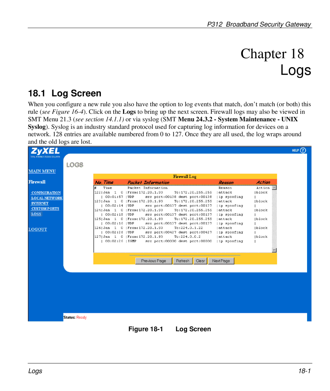 ZyXEL Communications P-312 manual Logs, Log Screen 