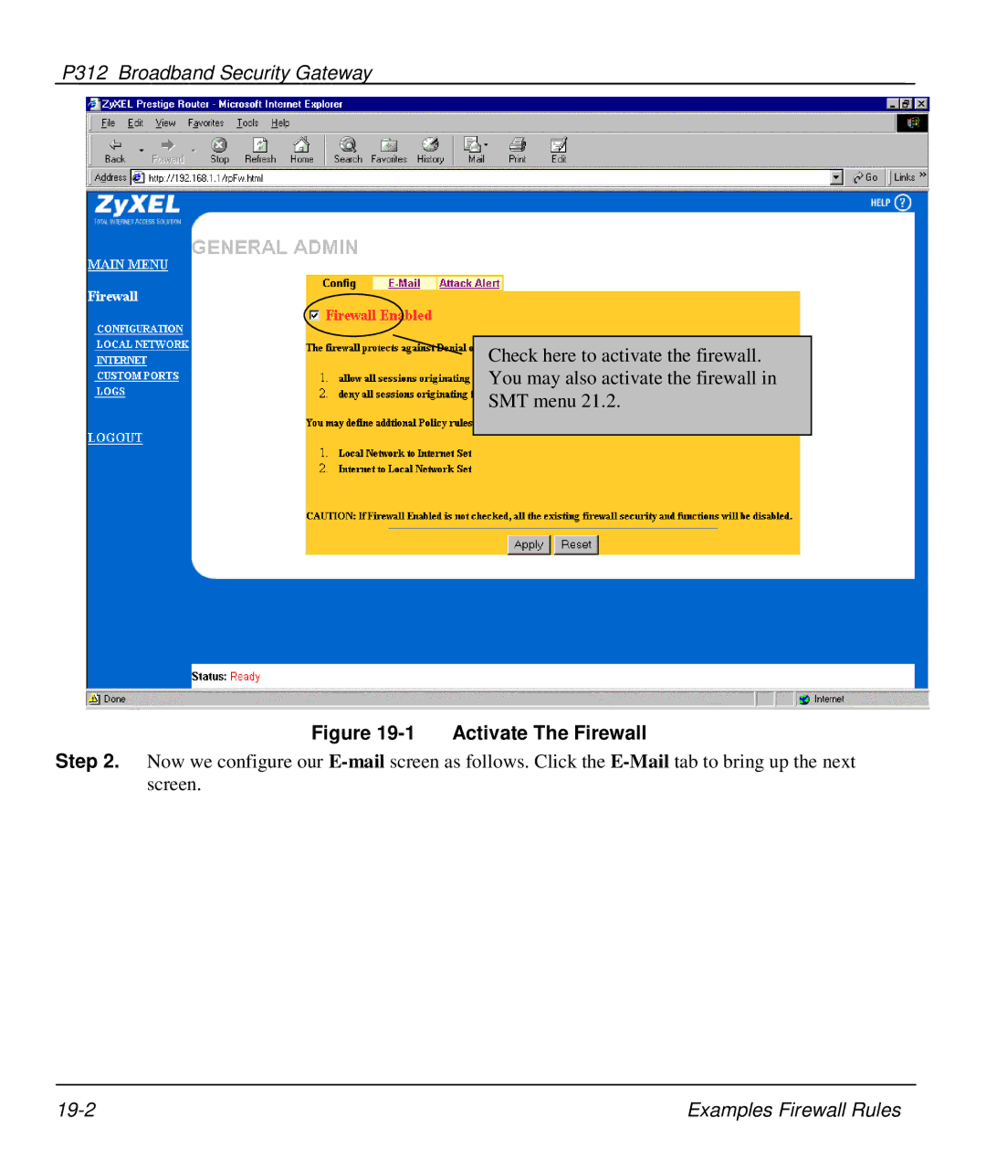 ZyXEL Communications P-312 manual Activate The Firewall 