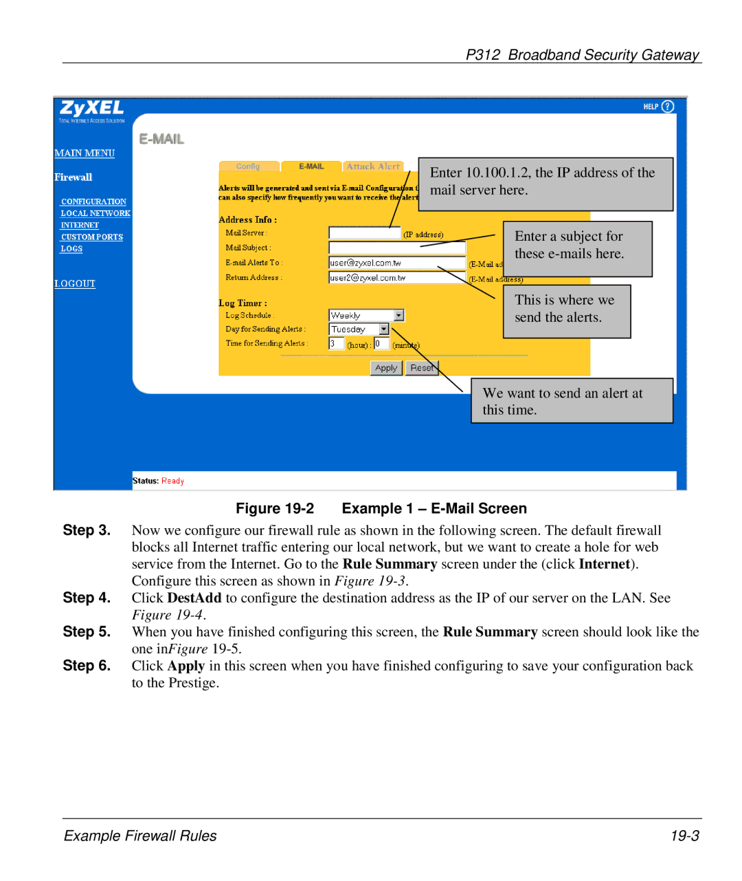 ZyXEL Communications P-312 manual Example 1 E-Mail Screen 