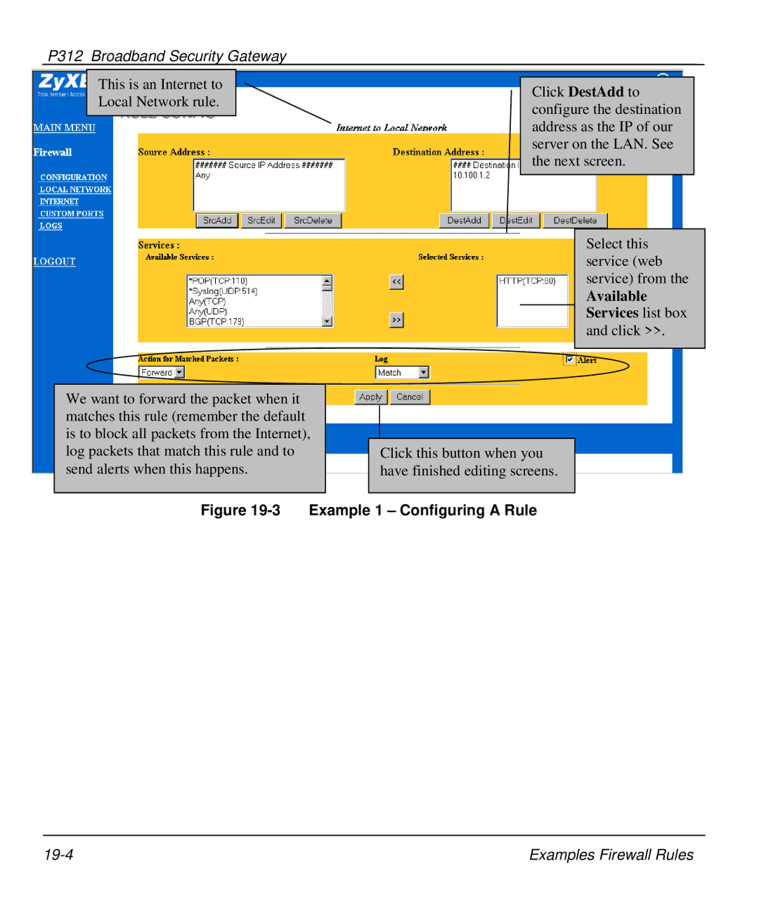 ZyXEL Communications P-312 manual Example 1 Configuring a Rule 