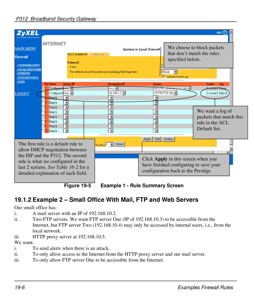 ZyXEL Communications P-312 manual Example 2 Small Office With Mail, FTP and Web Servers, Example 1 Rule Summary Screen 