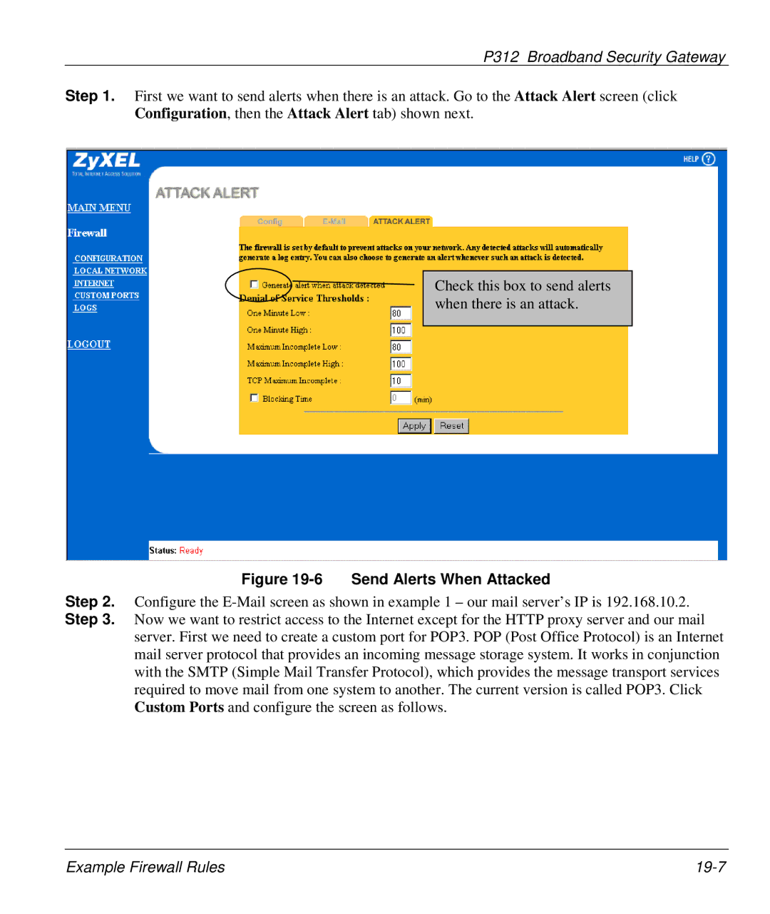 ZyXEL Communications P-312 manual Send Alerts When Attacked 