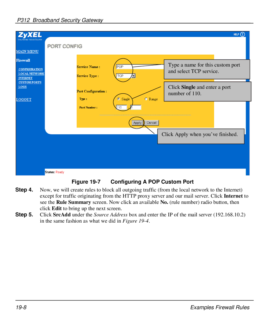 ZyXEL Communications P-312 manual Configuring a POP Custom Port 