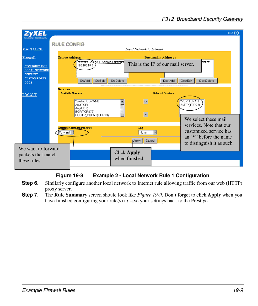 ZyXEL Communications P-312 manual Example 2 Local Network Rule 1 Configuration 