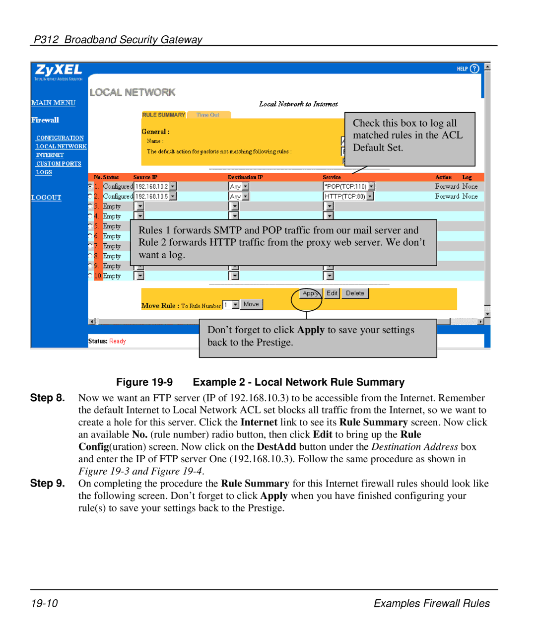 ZyXEL Communications P-312 manual Example 2 Local Network Rule Summary 