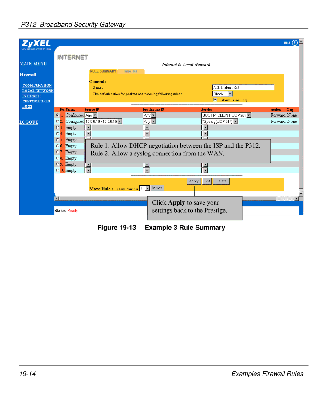 ZyXEL Communications P-312 manual Example 3 Rule Summary 