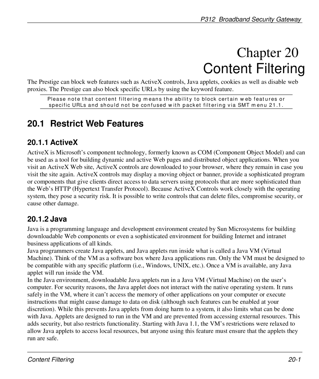 ZyXEL Communications P-312 manual Content Filtering, Restrict Web Features, ActiveX, Java 