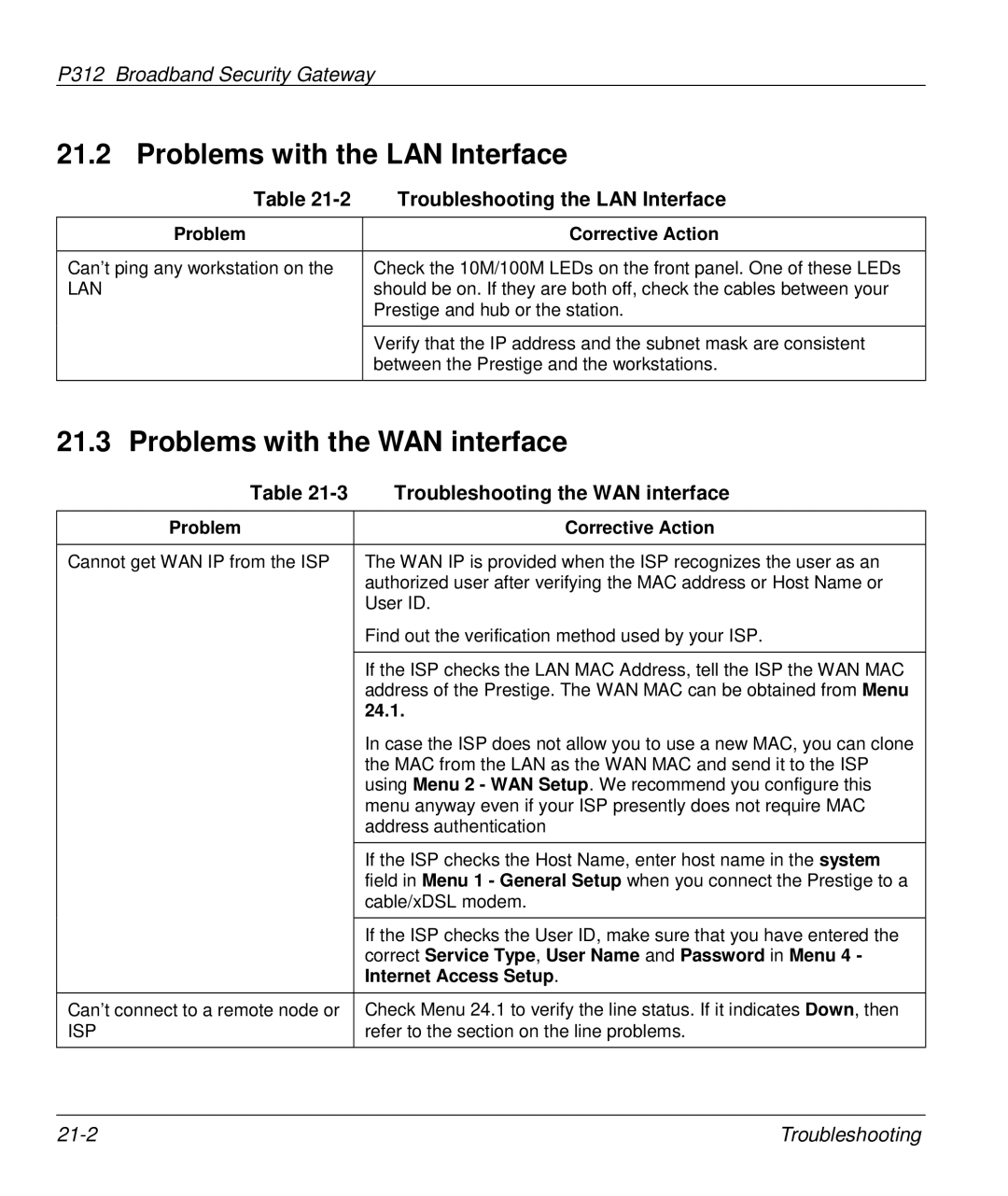 ZyXEL Communications P-312 manual Problems with the LAN Interface, Problems with the WAN interface 