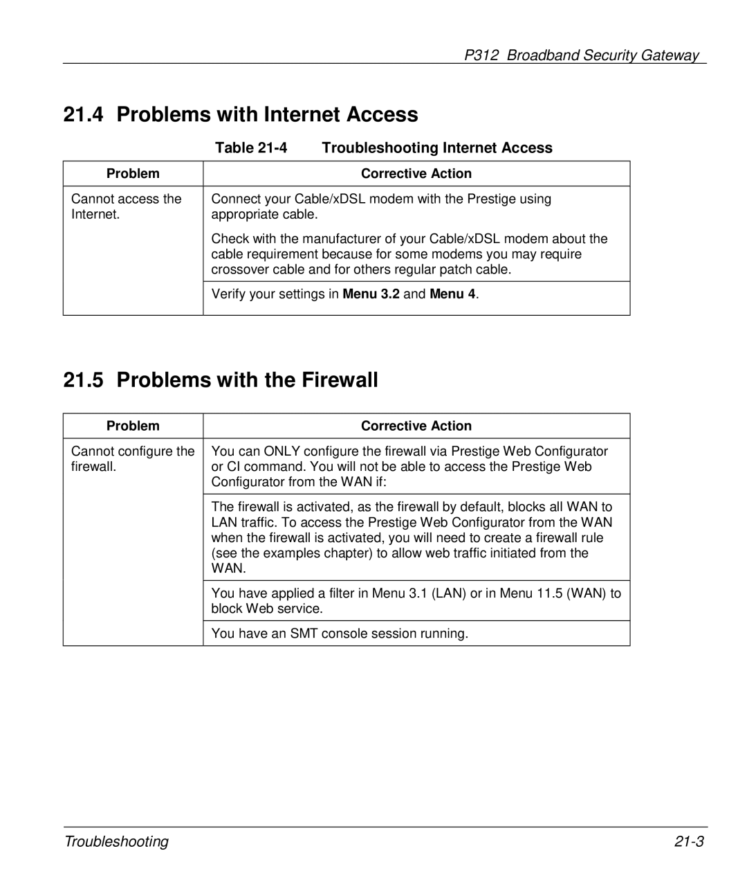 ZyXEL Communications P-312 Problems with Internet Access, Problems with the Firewall, Troubleshooting Internet Access 