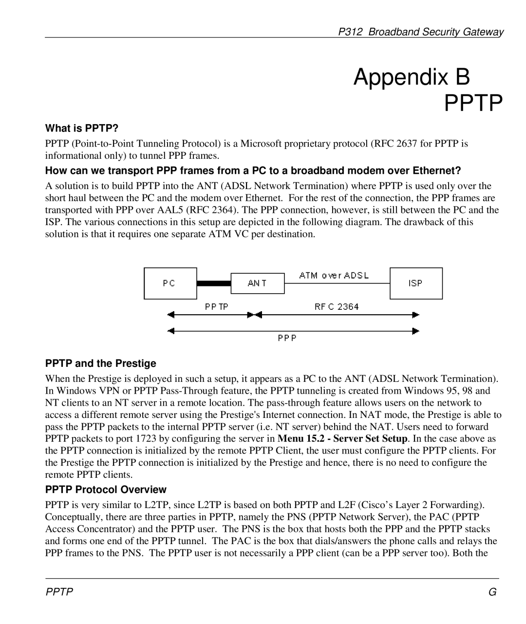 ZyXEL Communications P-312 manual Appendix B, What is PPTP?, Pptp and the Prestige, Pptp Protocol Overview 