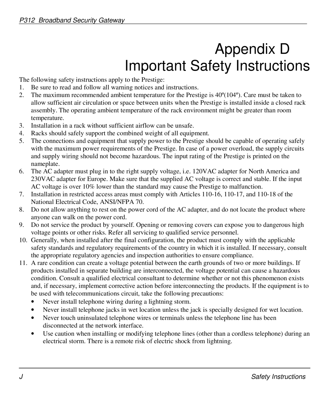 ZyXEL Communications P-312 manual Appendix D Important Safety Instructions 