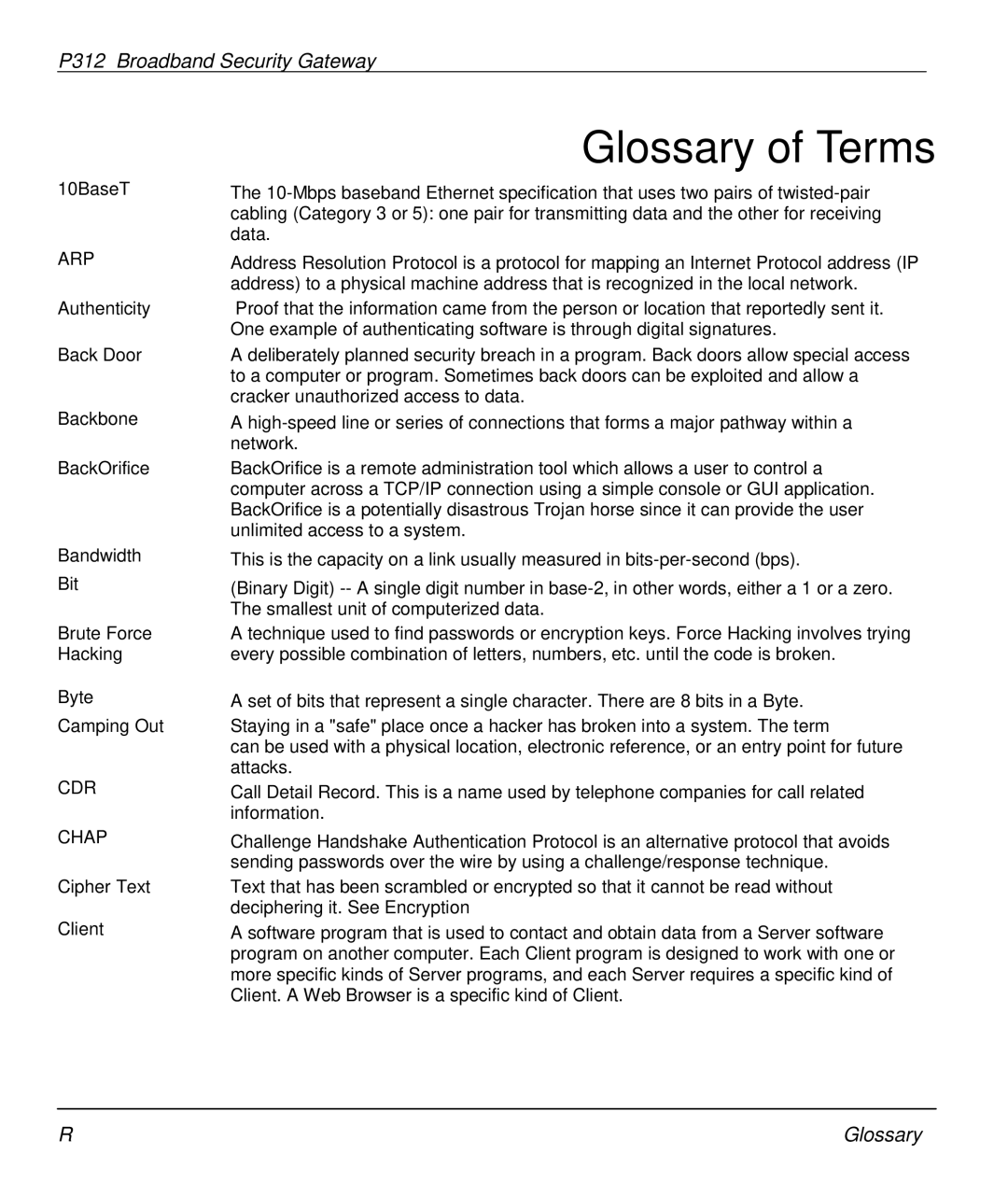 ZyXEL Communications P-312 manual Glossary of Terms, Arp, CDR Chap 