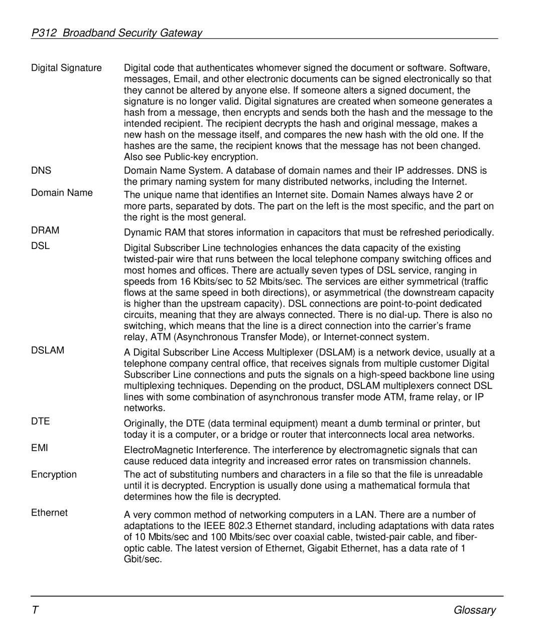 ZyXEL Communications P-312 manual Dram DSL, Dslam, Dte, Emi 