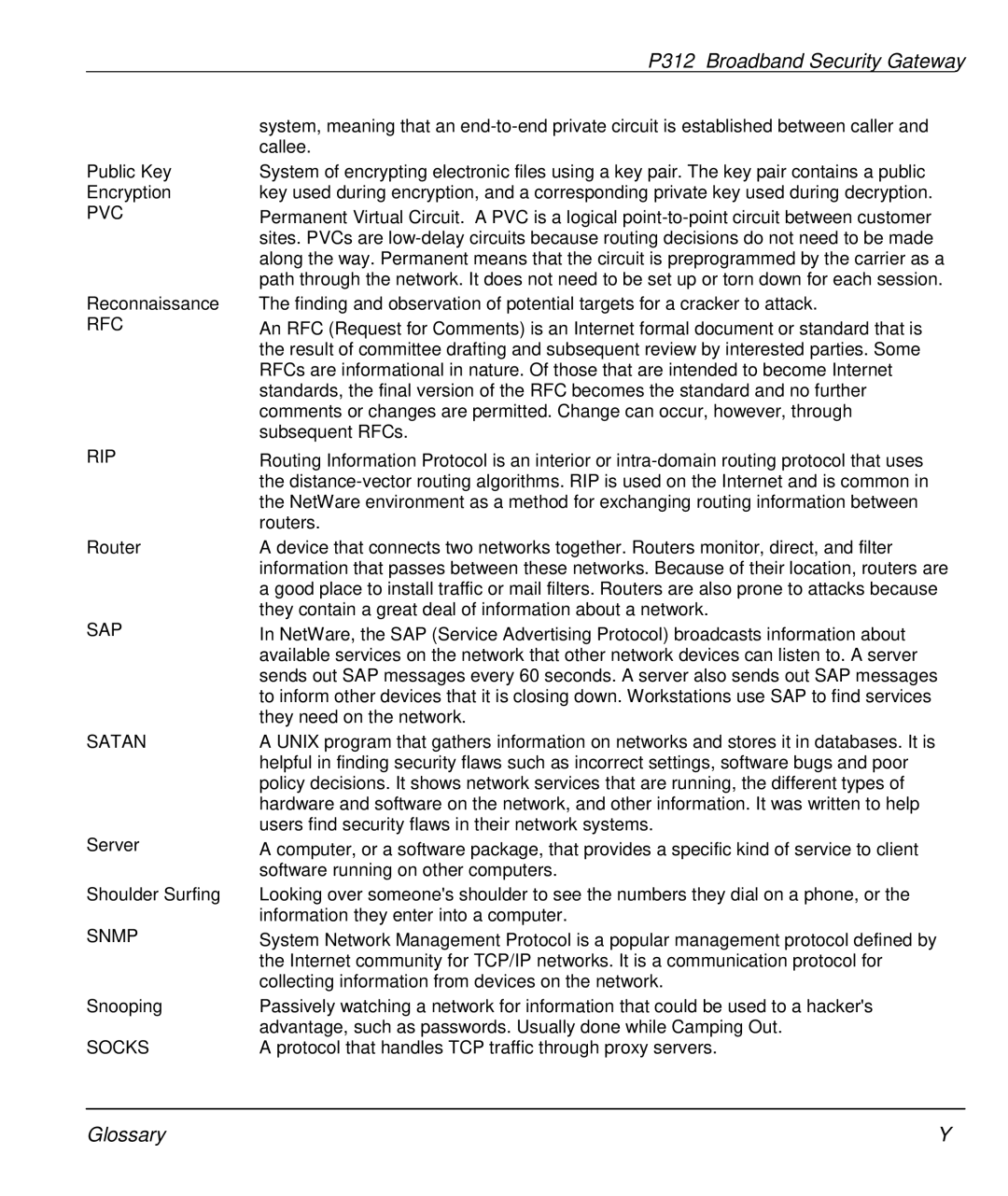 ZyXEL Communications P-312 manual Pvc, Rfc, Rip, Sap, Satan, Snmp, Socks 