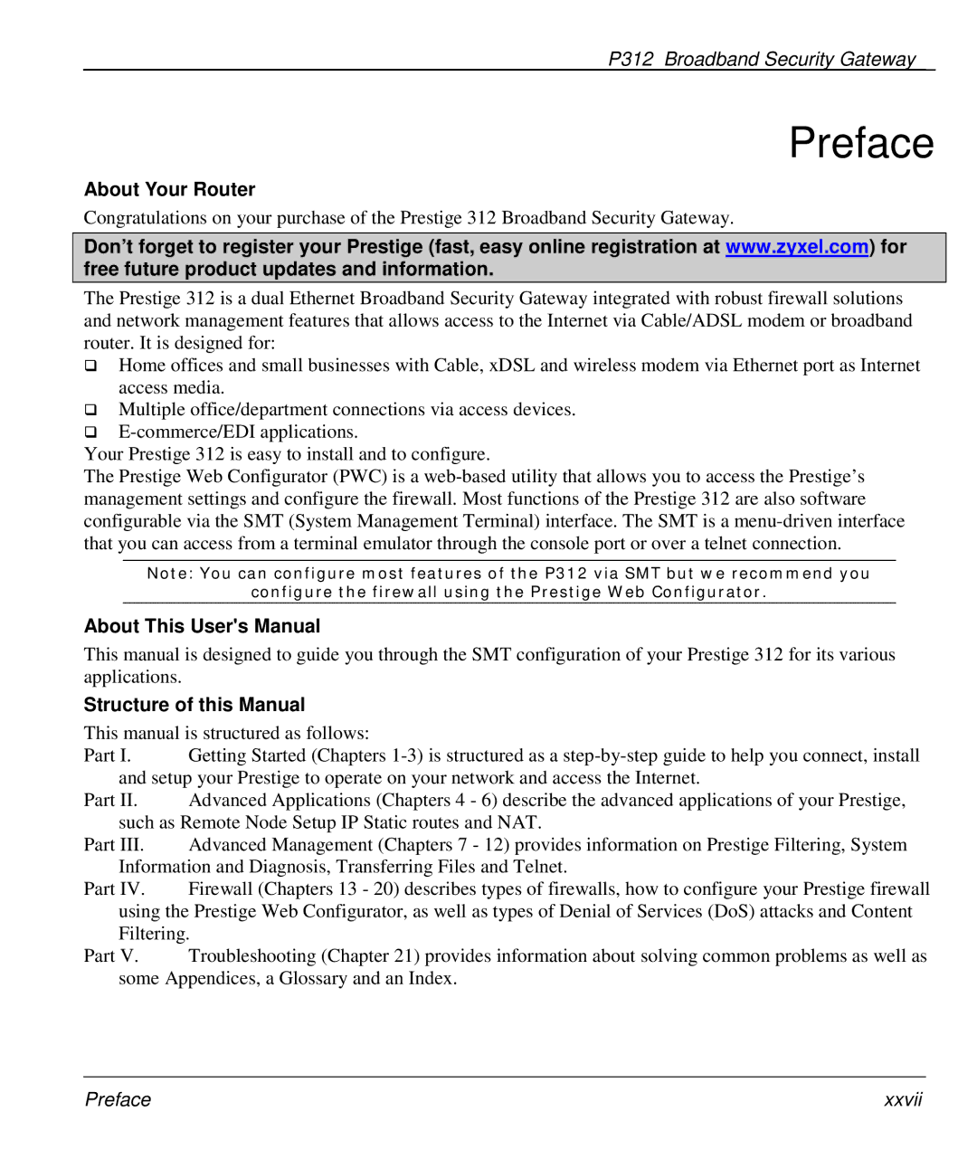 ZyXEL Communications P-312 manual Preface, About Your Router, Structure of this Manual 