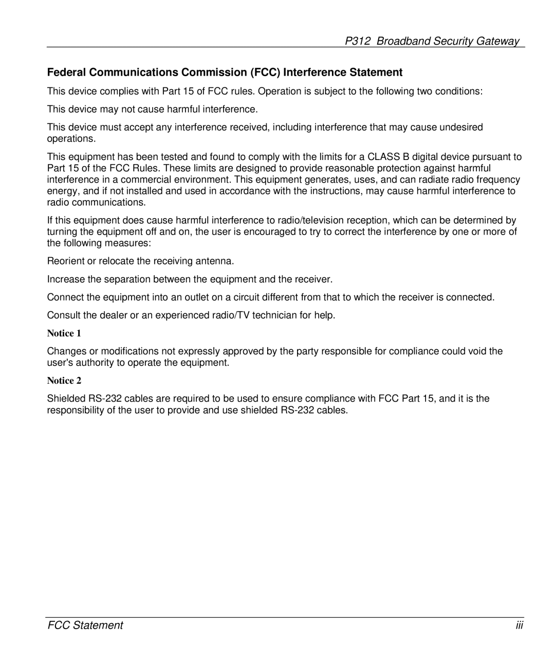 ZyXEL Communications P-312 manual Federal Communications Commission FCC Interference Statement 