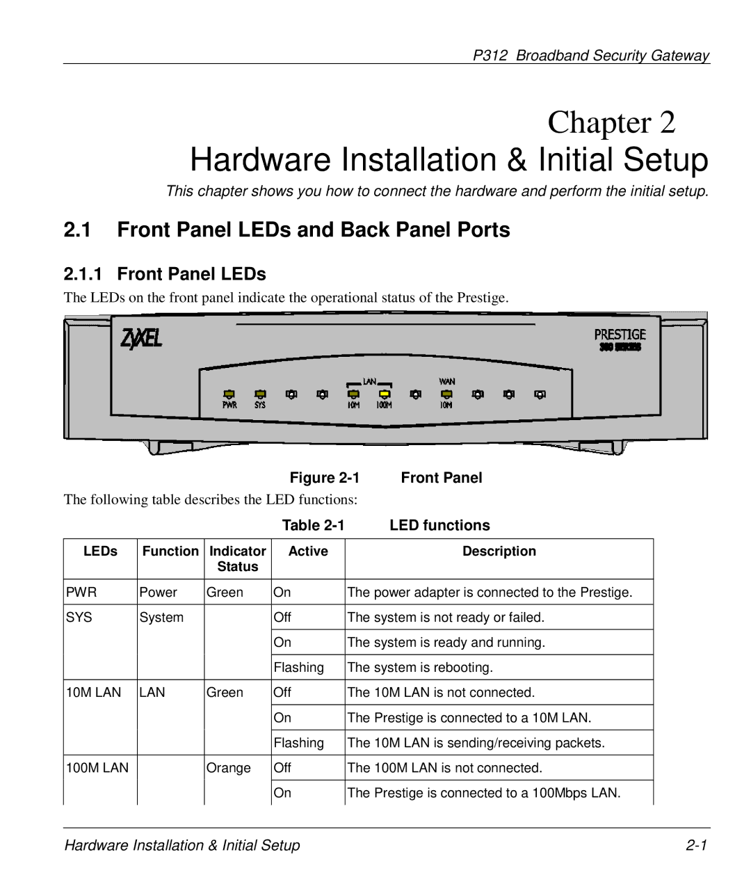 ZyXEL Communications P-312 Hardware Installation & Initial Setup, Front Panel LEDs and Back Panel Ports, LED functions 